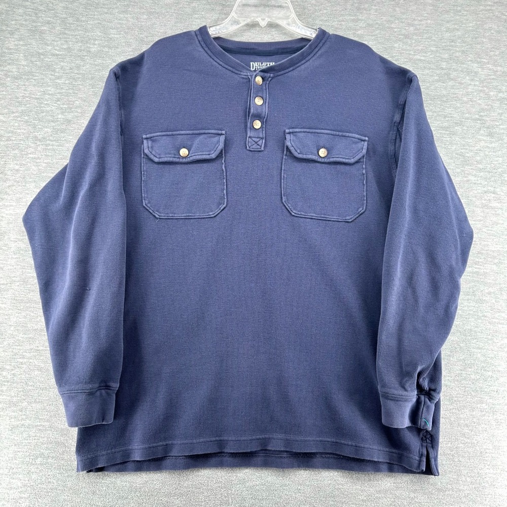 Duluth Trading Co Henley Men Large Blue Long Sleeve Pocket Shirt Ribbed Cotton